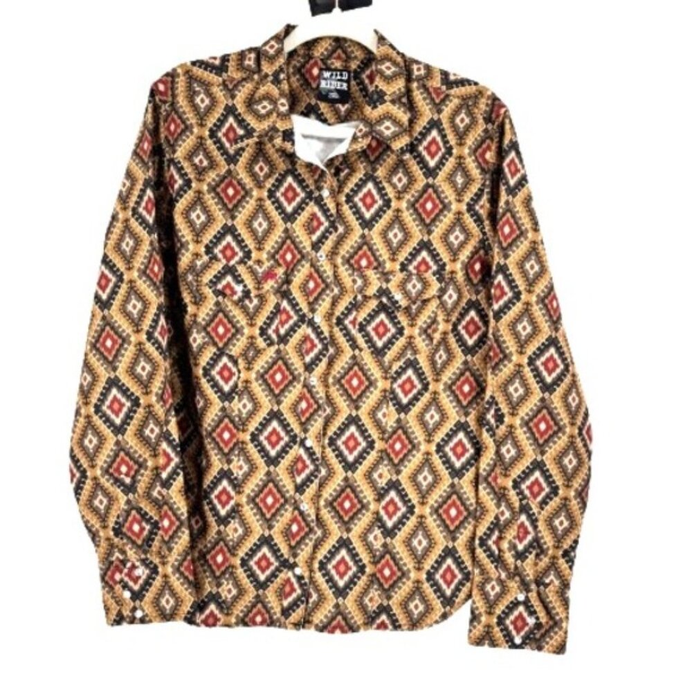 Wild Rider Cowgirl Aztec Pearl Snap Western Shirt Women's 2XL Brown Southwestern